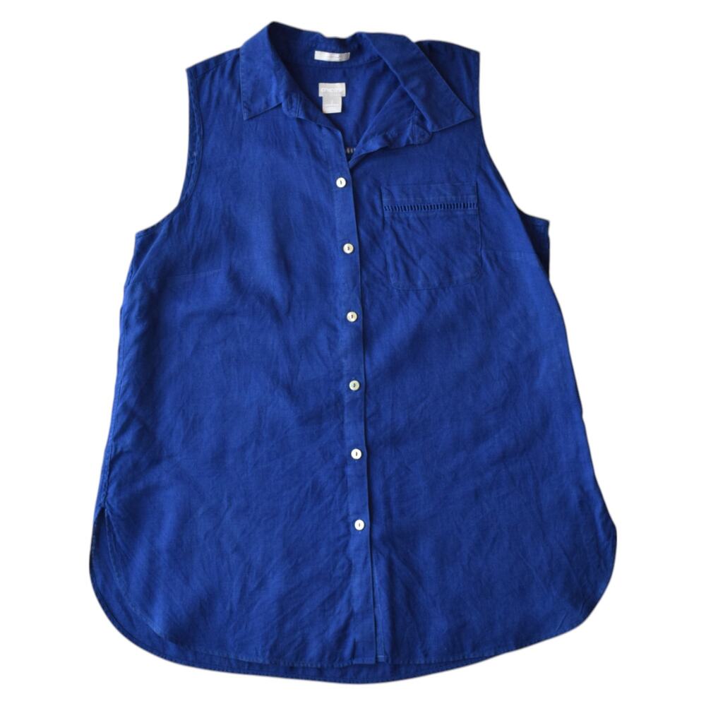 Chico’s 100% Linen Sleeveless Button Up Top Blue Size Large